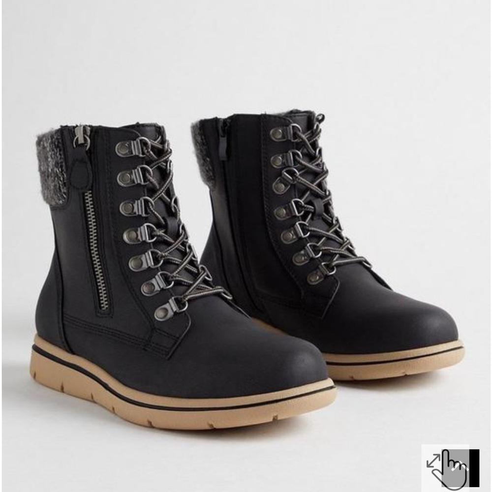 Torrid /  Black Lace-Up Ankle Boots with Tan Sole / WIDE FIT